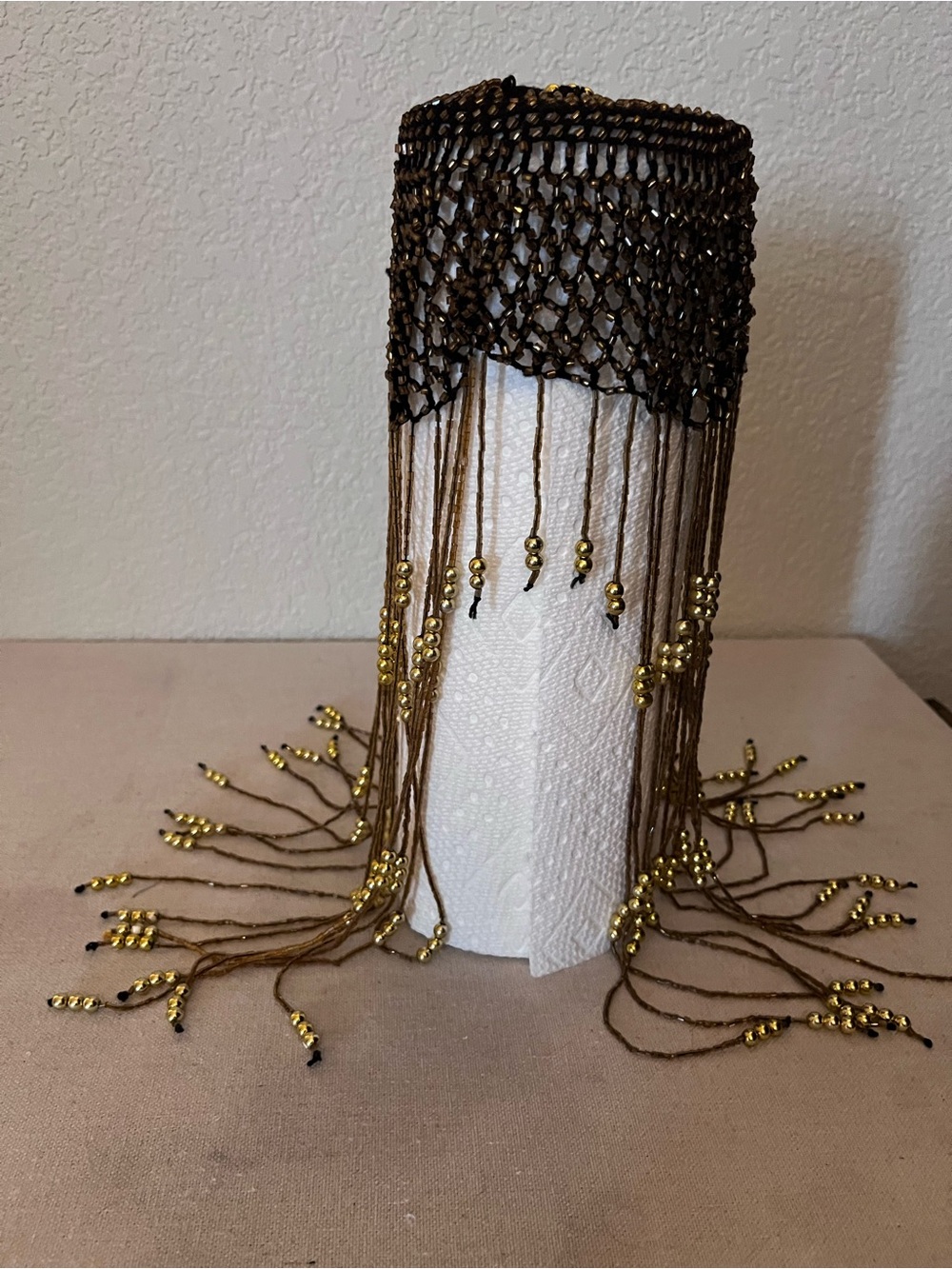 Vintage Beaded Fringe Hair Net - Gold and Brown